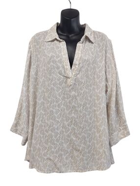 CG CG Beige Leaf Print Button Down Shirt 1X 3/4 Sleeve Cotton Rayon Lightweight